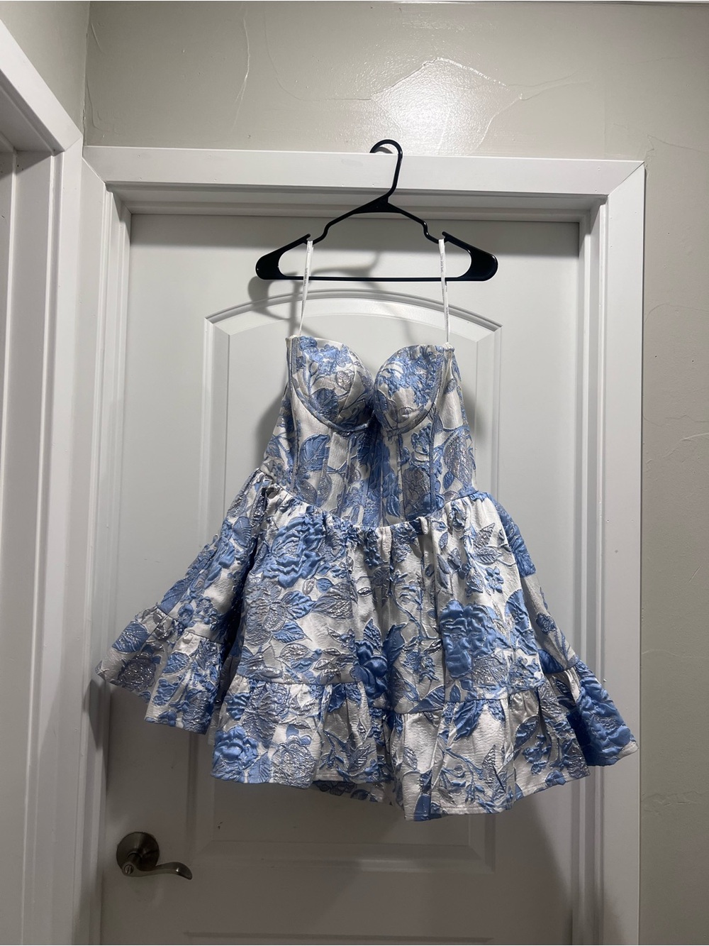 Sherri Hill Blue and White Floral Strapless Fit-and-Flare Dress
